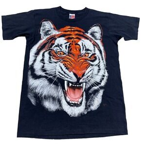 Vintage Nature Shirt Men Large Black Bengal Tiger Print Trinity 90s Single Stitc